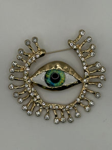 Surrealist Gold-Tone Evil Eye Brooch | Crystal Eyelash Protection Pin – blue-1 metal, enamel, crystal fashion jewelry, main product image, Petit Détail