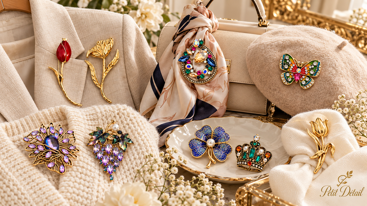 Creative brooch styling on blazer, silk scarf, handbag, beret and knitwear by Petit Détail Lebanon