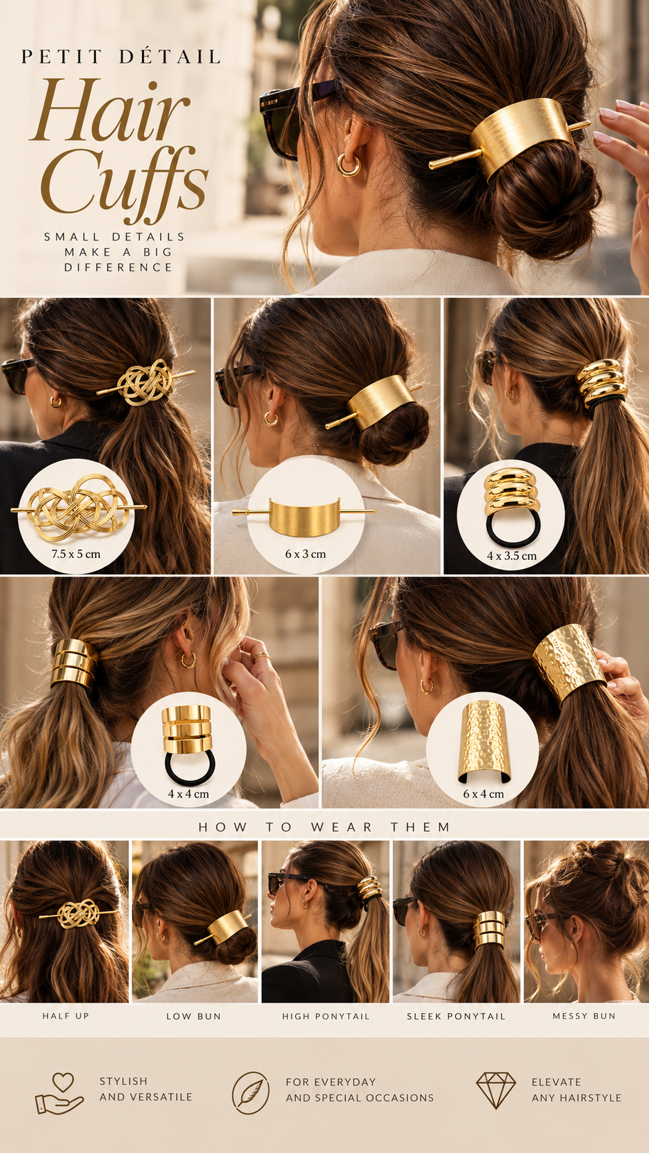 Women styling gold hair cuffs in low buns and ponytails