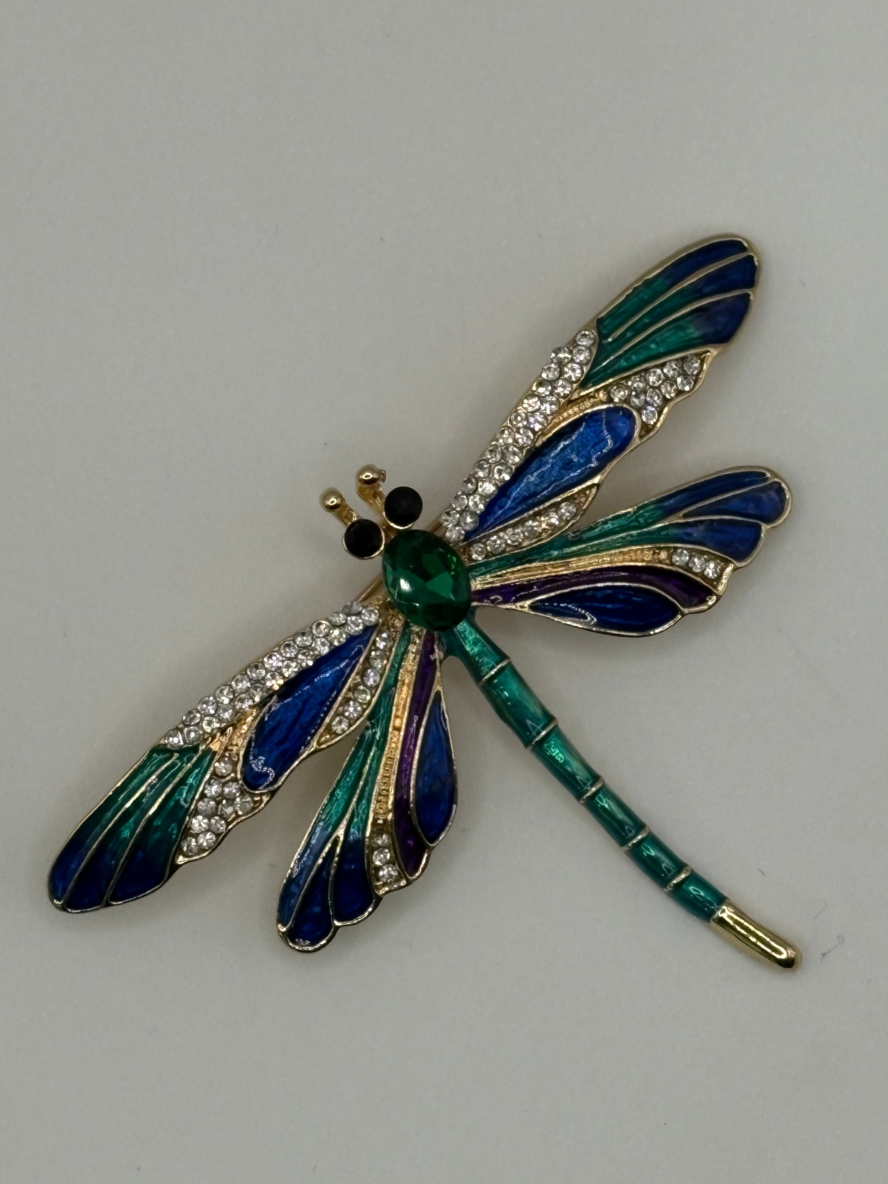 Art Nouveau Enamel & Crystal Dragonfly Brooch | Gold-Tone Vintage Style Pin (3 Colors)