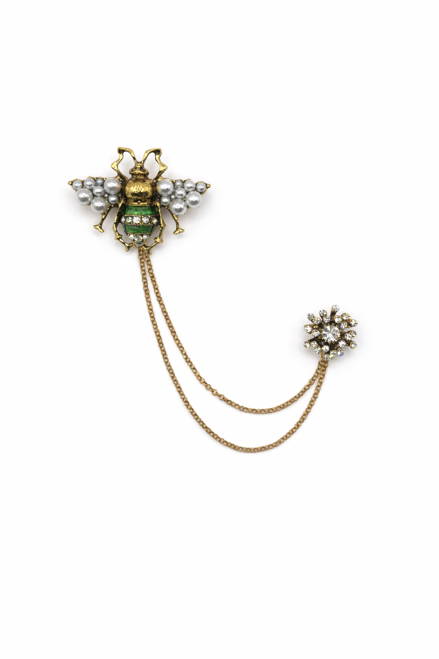 Vintage Style Pearl Green Bee Chatelaine Brooch
