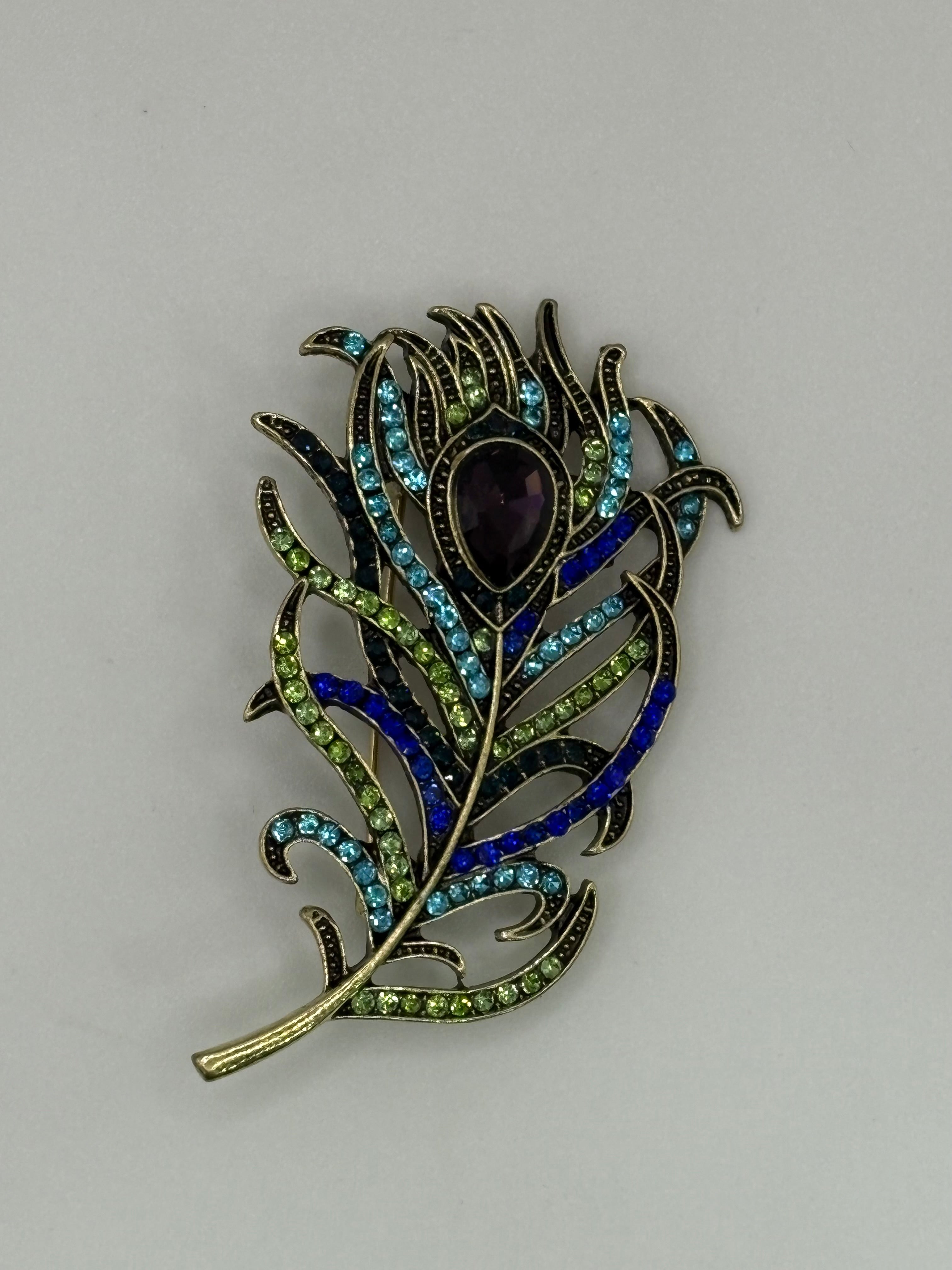 Antique-Style Crystal Peacock Feather Brooch