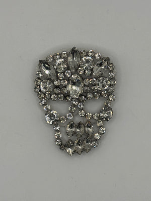 Handmade Crystal Skull Brooch | Edgy Glam Statement Pin (Clear or Smoky) – silver; geometric crystal, velvet, alloy fashion jewelry, main product image, Petit Détail