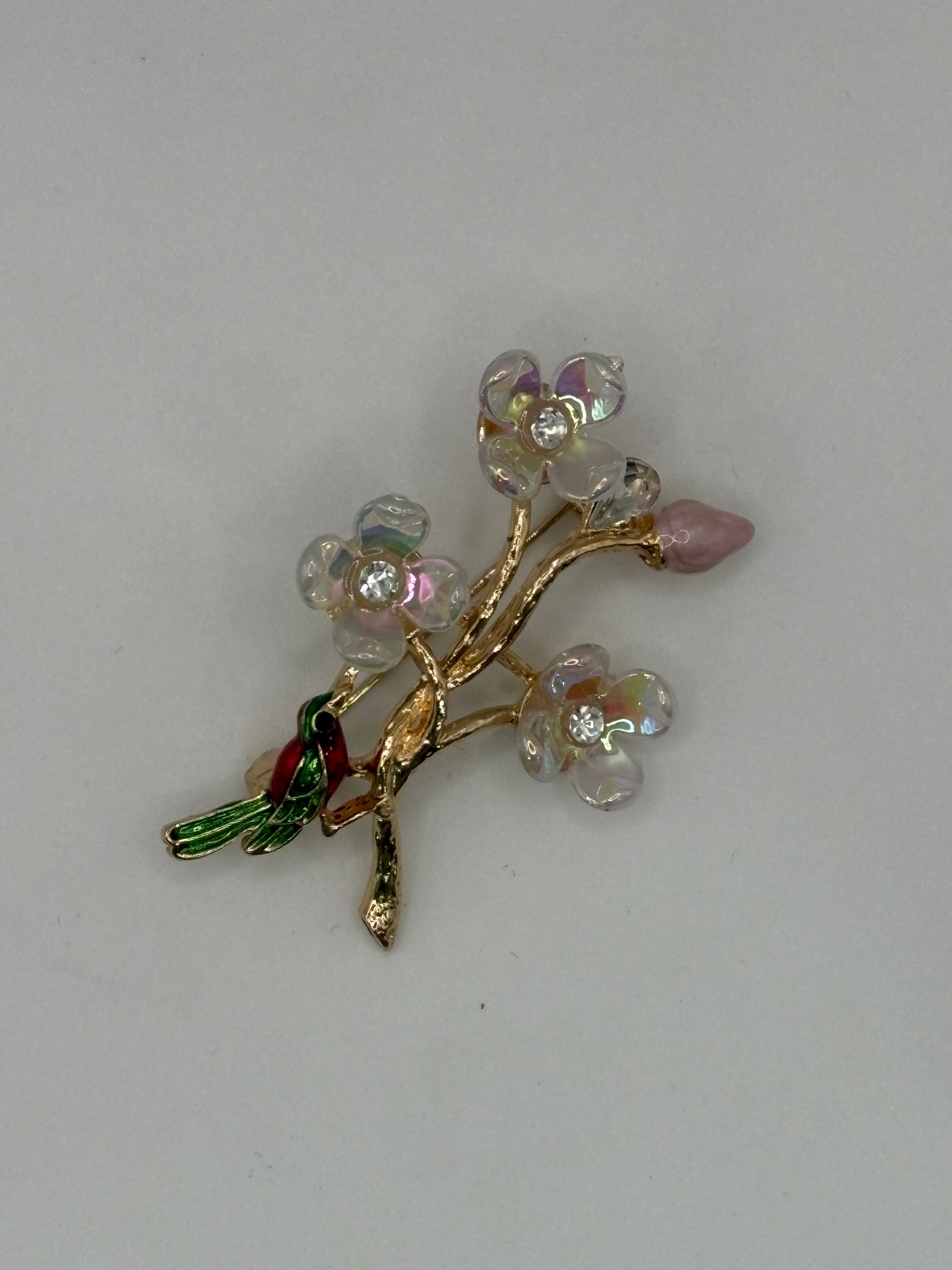 Gold-Tone Floral Branch Brooch with Enamel Bird & Iridescent Blooms