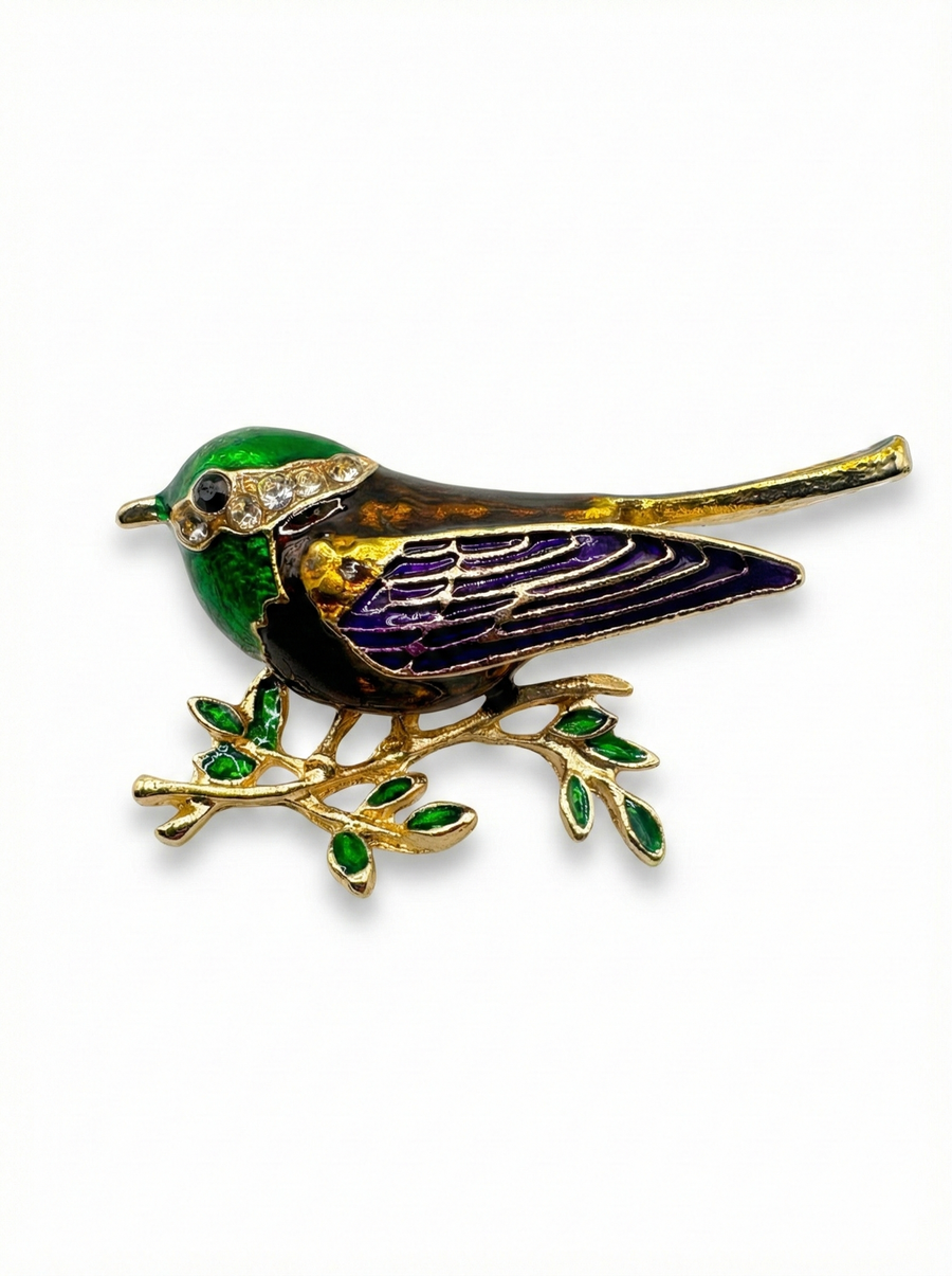 Colorful Enamel Songbird Brooch – Bird on Branch