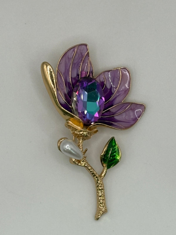 Magnolia Flower Brooch with Pearl Accent – pink; purple enamel, crystal fashion jewelry, main product image, Petit Détail