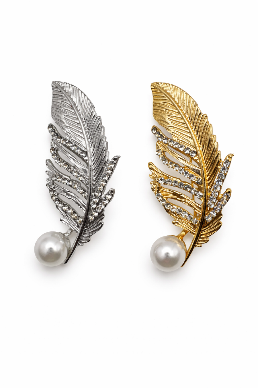 Crystal & Pearl Feather Brooch (Gold or Silver)