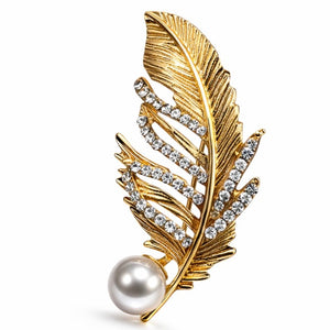 Crystal & Pearl Feather Brooch (Gold or Silver)