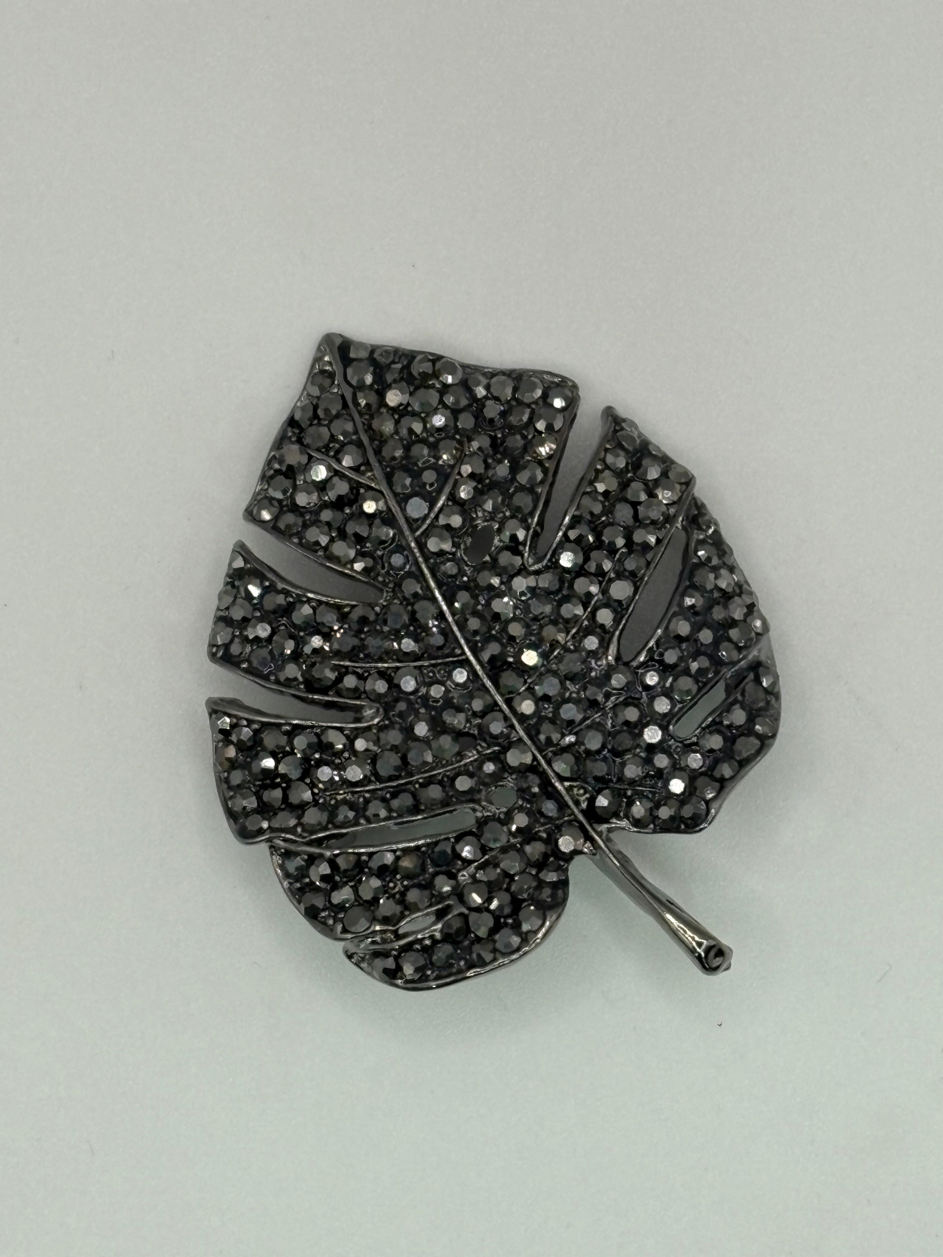 Pave Crystal Monstera Leaf Brooch | Gunmetal Tropical Palm Pin (3 Colors)
