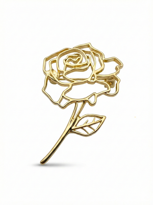 Elegant Long Stem Hollow Rose Brooch – Gold Tone
