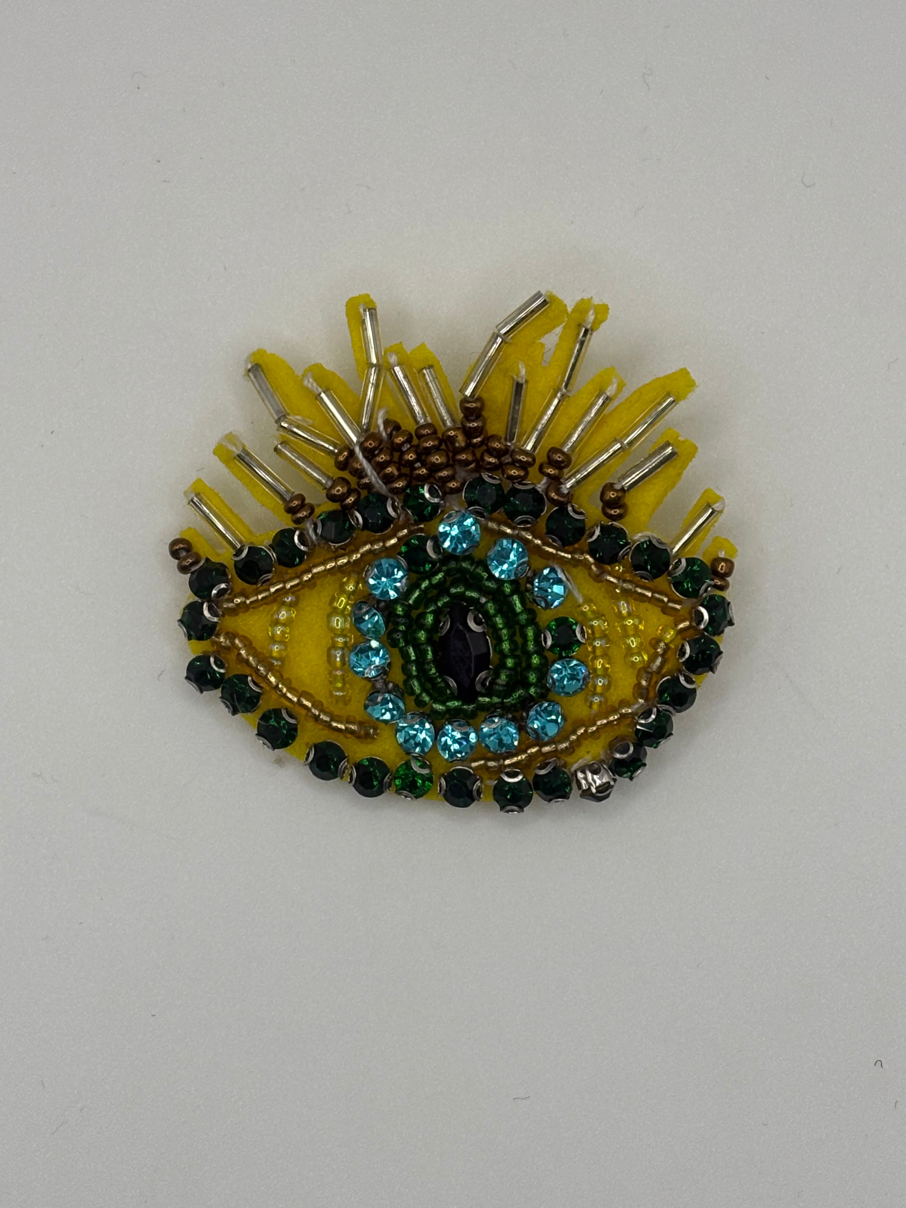 Hand-Beaded Sunshine Yellow Evil Eye Brooch | Gold Lash Artisan Pin