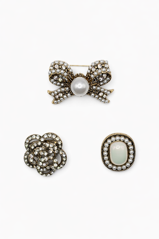 Vintage Style Pearl & Crystal Brooch Set (Set of 3)