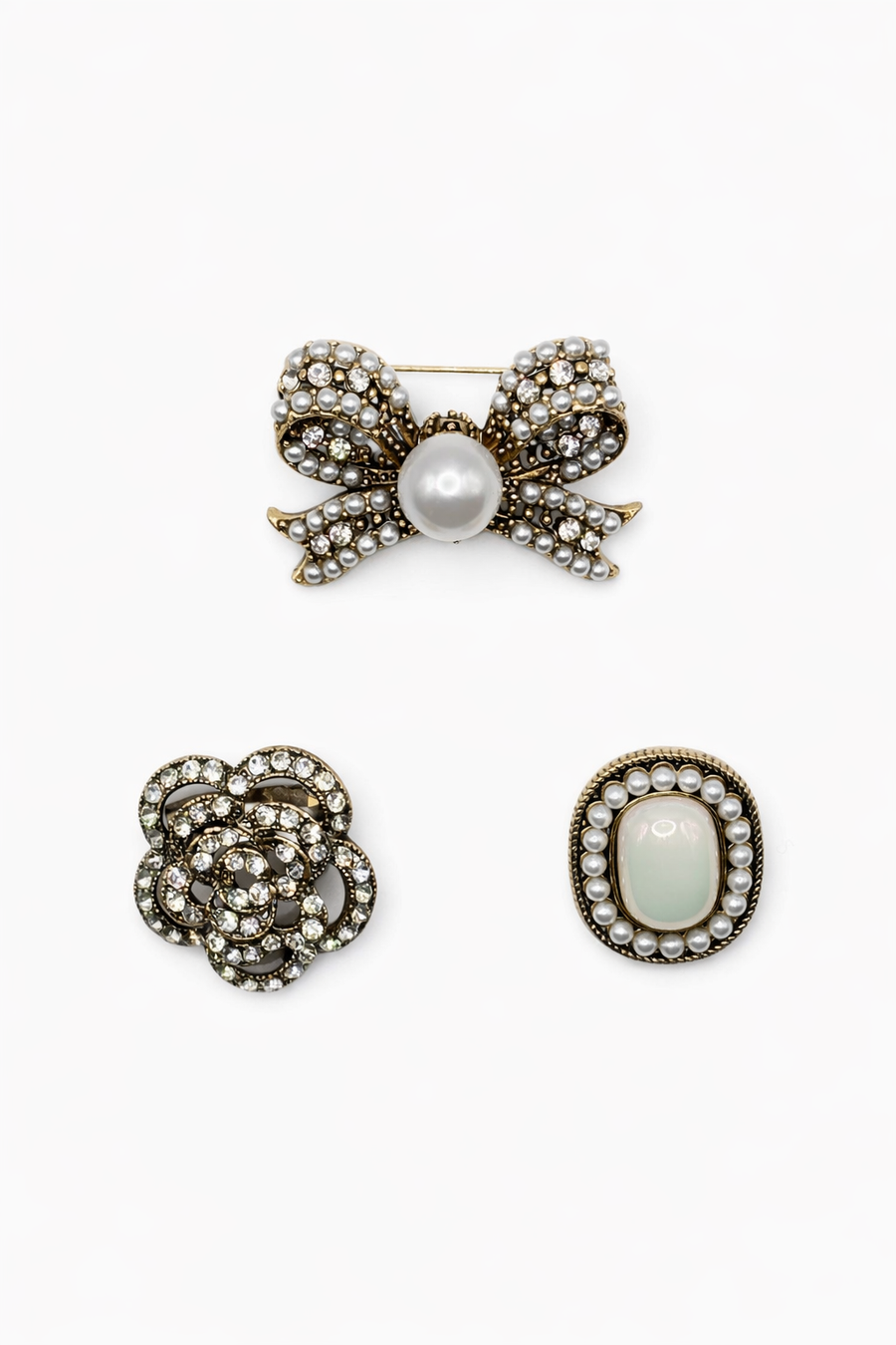 Vintage Style Pearl & Crystal Brooch Set (Set of 3)