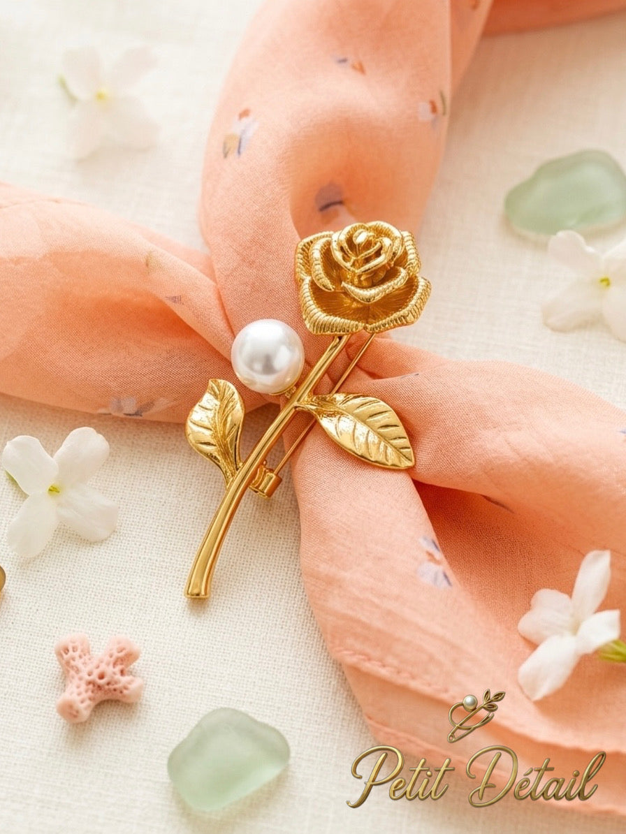 Golden Single Rose Pearl Brooch Petit Détail Lebanon