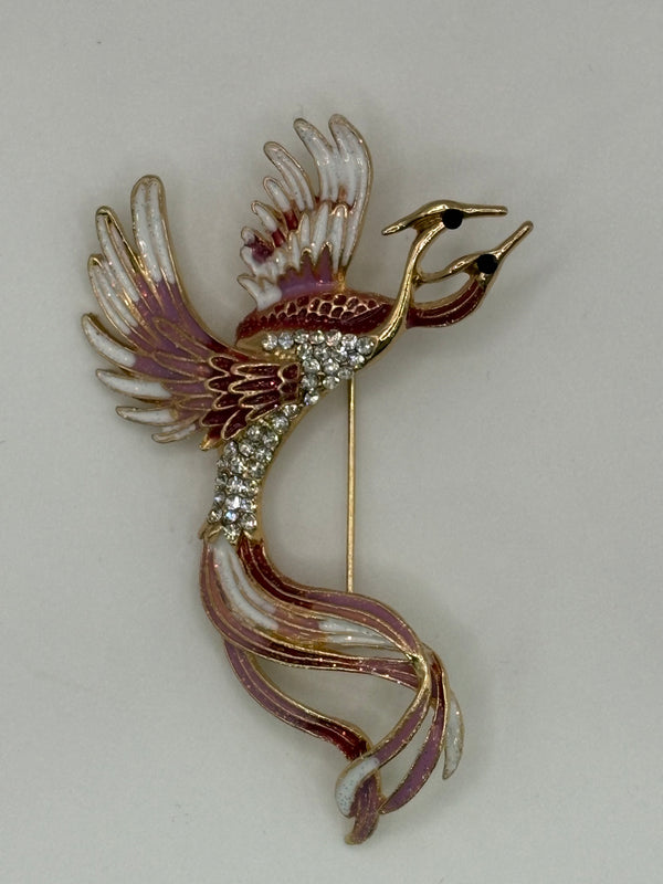 Phoenix in Flight Brooch – pink; orange enamel, metal fashion jewelry, main product image, Petit Détail