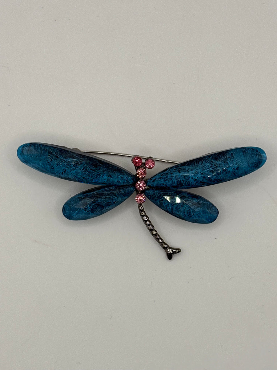 Midnight Blue Resin Dragonfly Brooch | Pink Crystal Accent Pin, main product image, Petit Détail