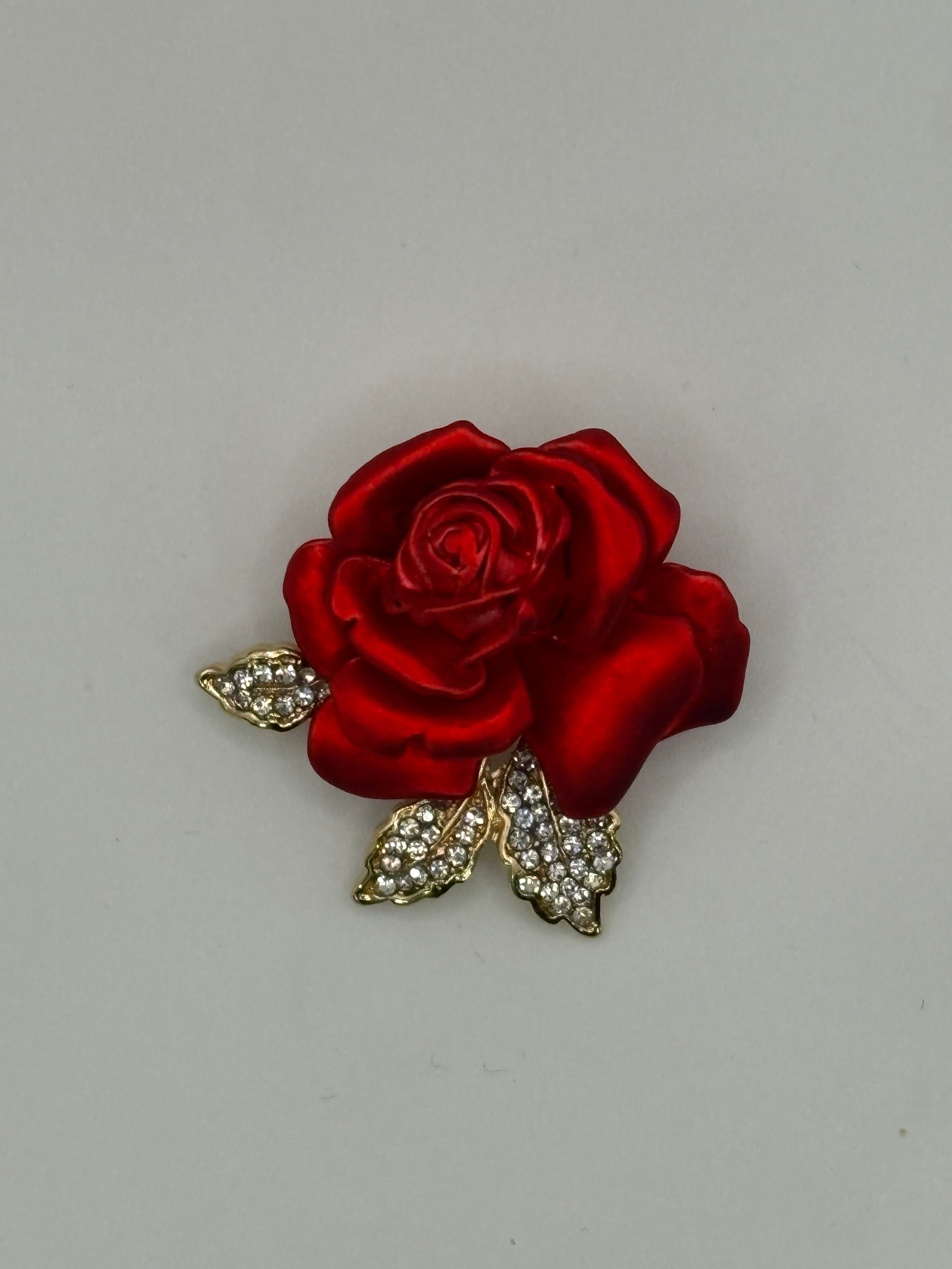 Crimson Velvet Rose Brooch with Crystal Leaves