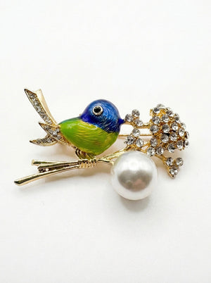 Enamel Bird with Pearl & Crystals Brooch