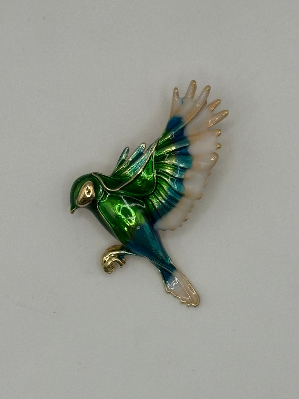 Soaring Swallow Brooch – green; red enamel fashion jewelry, main product image, Petit Détail