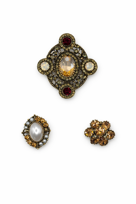 Vintage Style Champagne & Pearl Brooch Set (Set of 3)