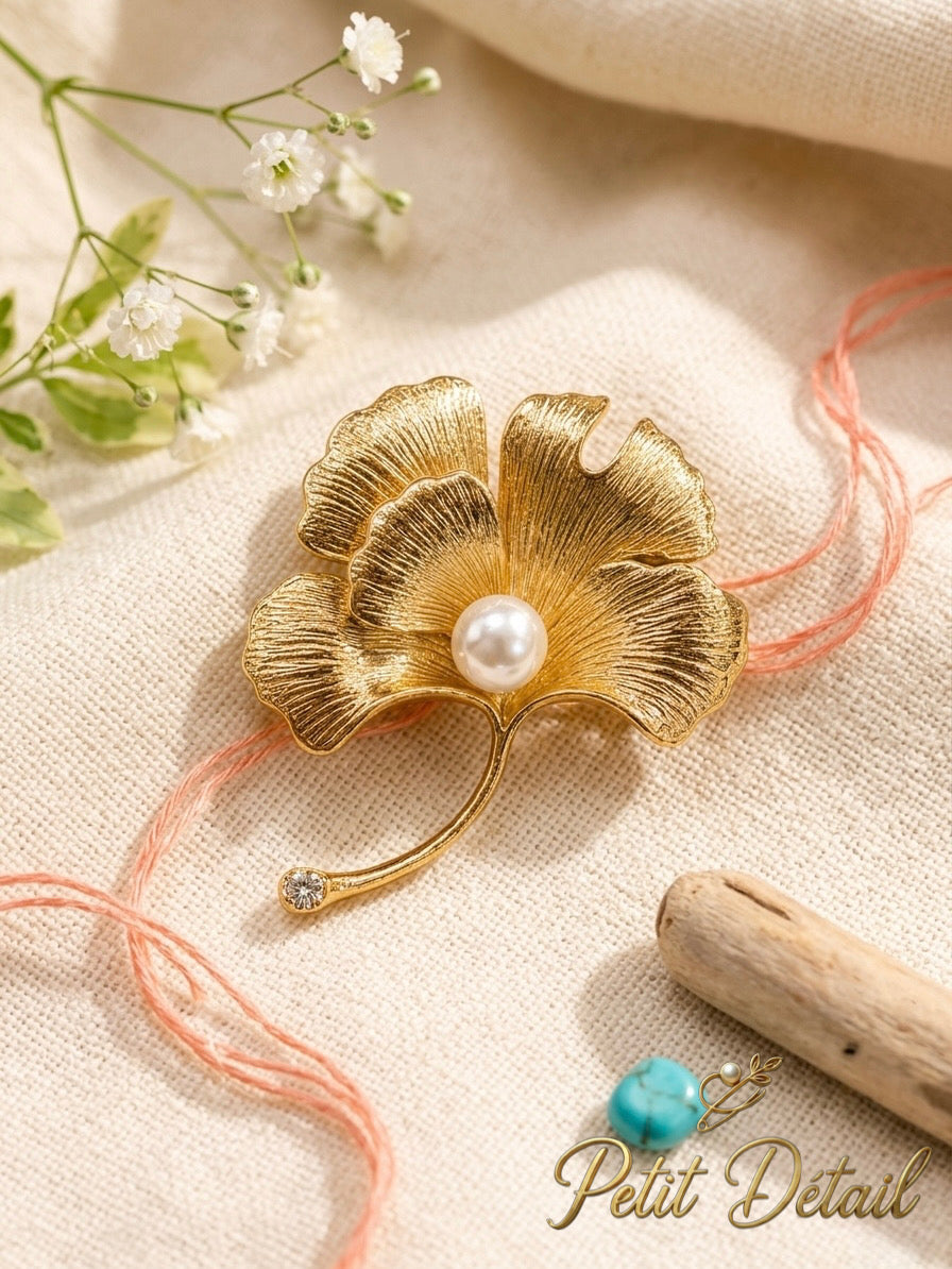 Golden Ginkgo Pearl Brooch Petit Détail Lebanon