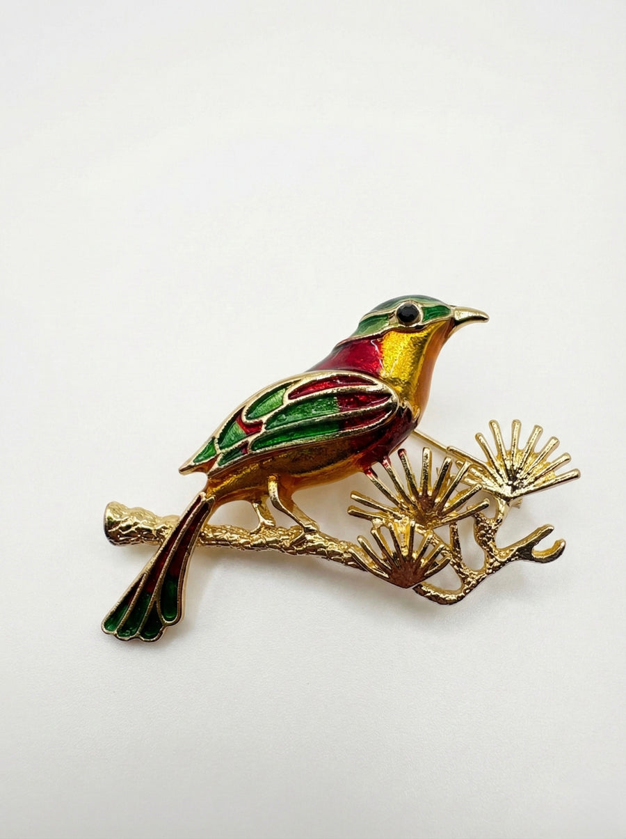 Enamel Bird on Pine Branch Brooch