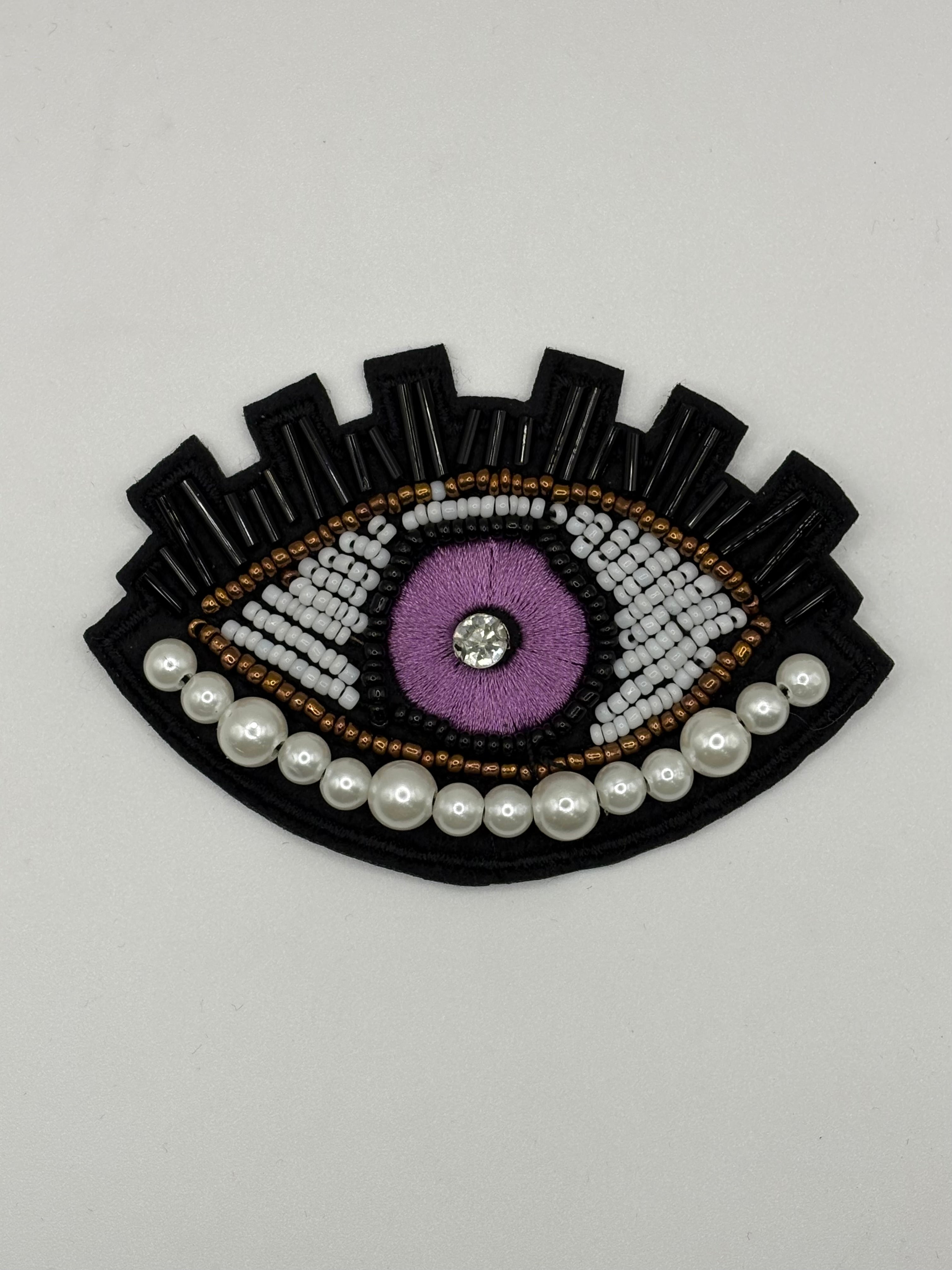 Hand-Embroidered Pearl Evil Eye Brooch | Beaded Statement Pin (Red & Purple)