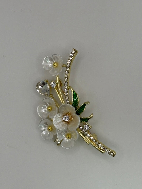 Pearlescent White Flower Bouquet Brooch – floral enamel, metal fashion jewelry, main product image, Petit Détail