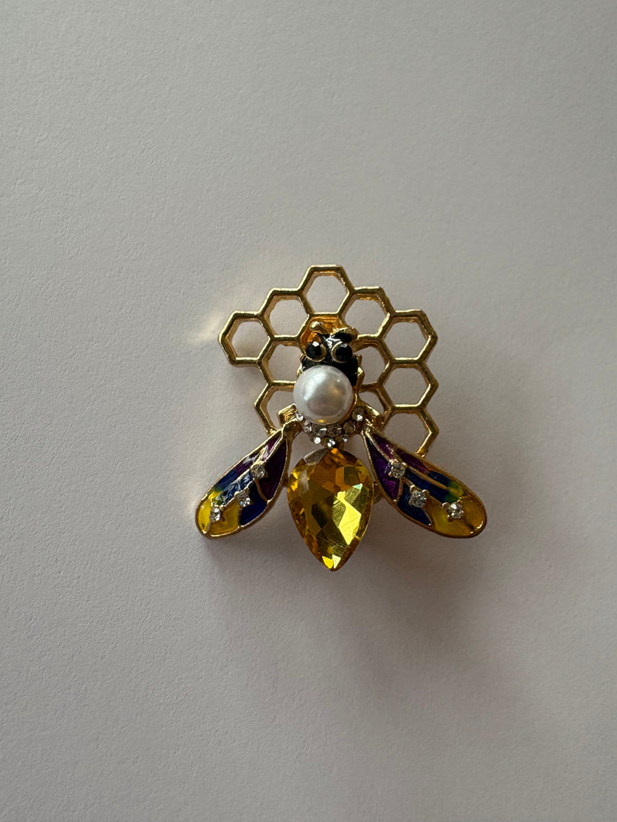 Enamel Bee on Honeycomb Brooch | Gold Pearl & Crystal Insect Pin, main product image, Petit Détail