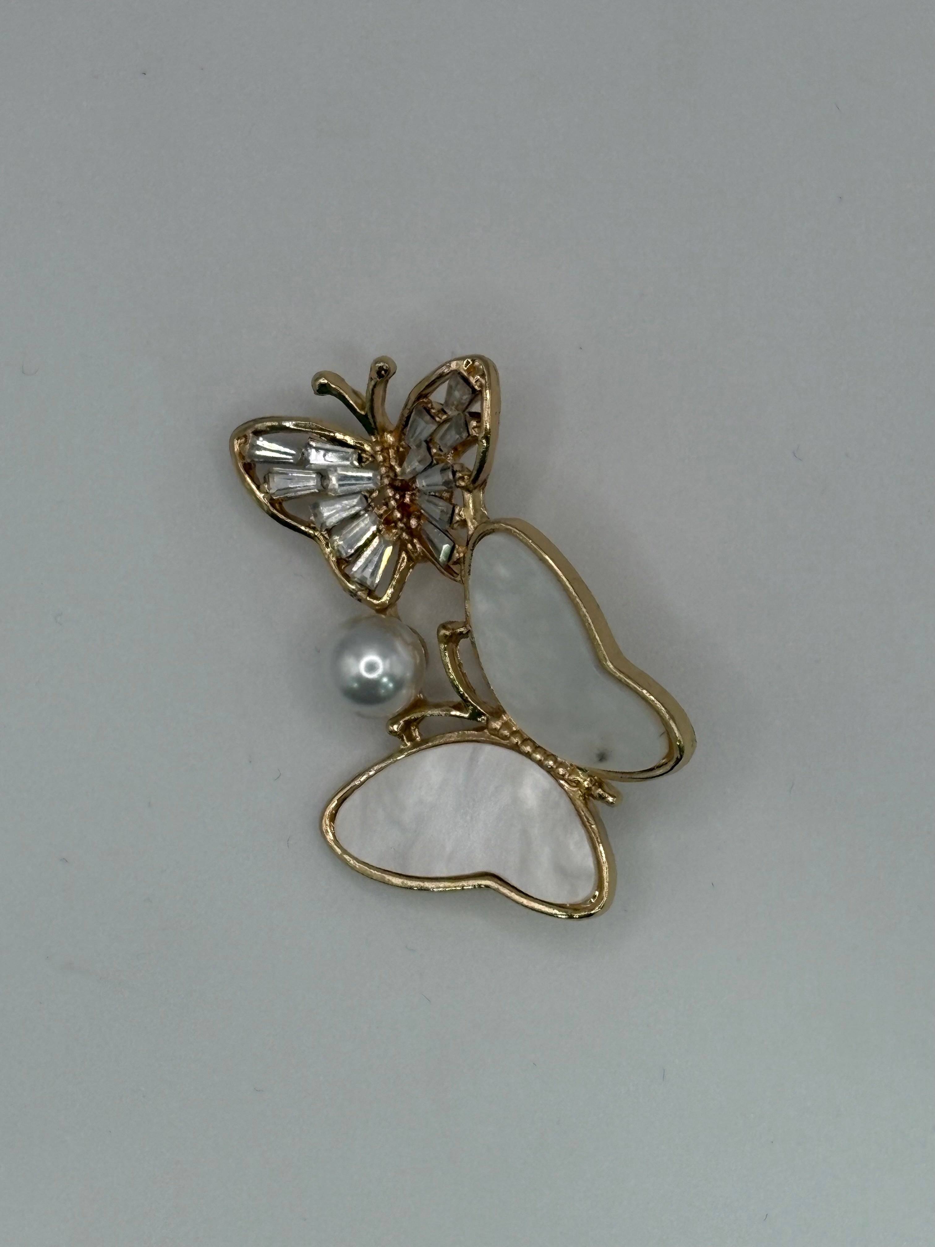 Mother of Pearl & Crystal Double Butterfly Brooch