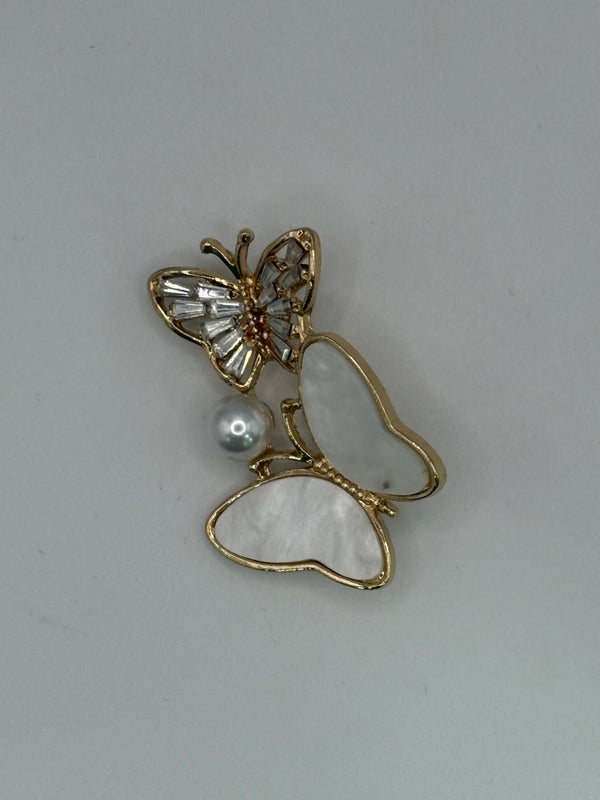 Mother of Pearl & Crystal Double Butterfly Brooch, main product image, Petit Détail