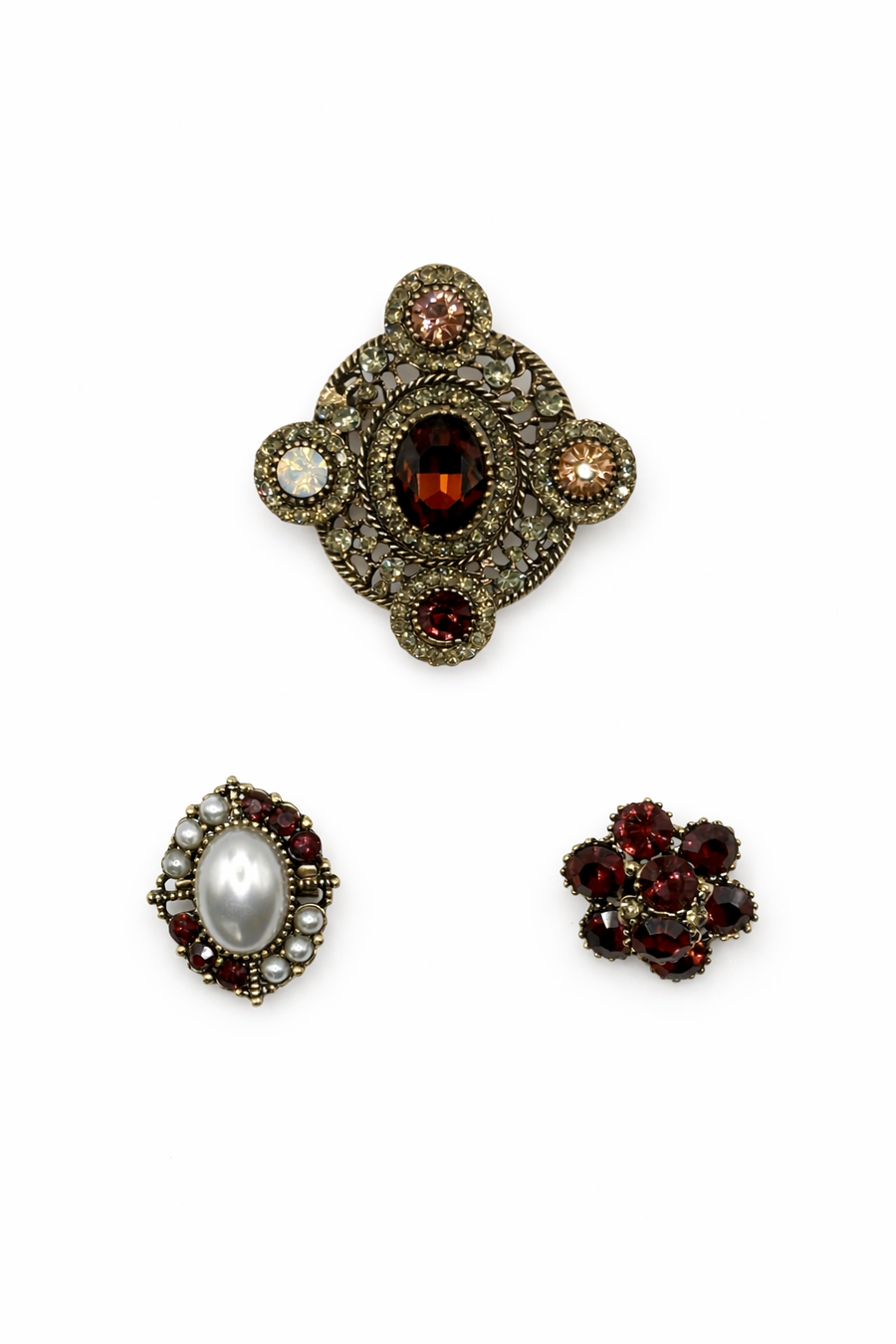Vintage Style Garnet & Pearl Brooch Set (Set of 3)