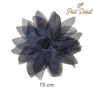 Handmade Black Crystal Organza Textile Flower Brooch – Premium Black Strass Center – 15 cm Petit Détail Lebanon