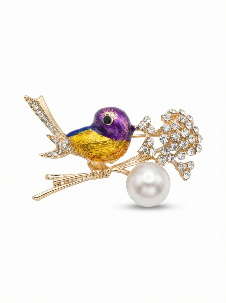Enamel Bird with Pearl & Crystals Brooch