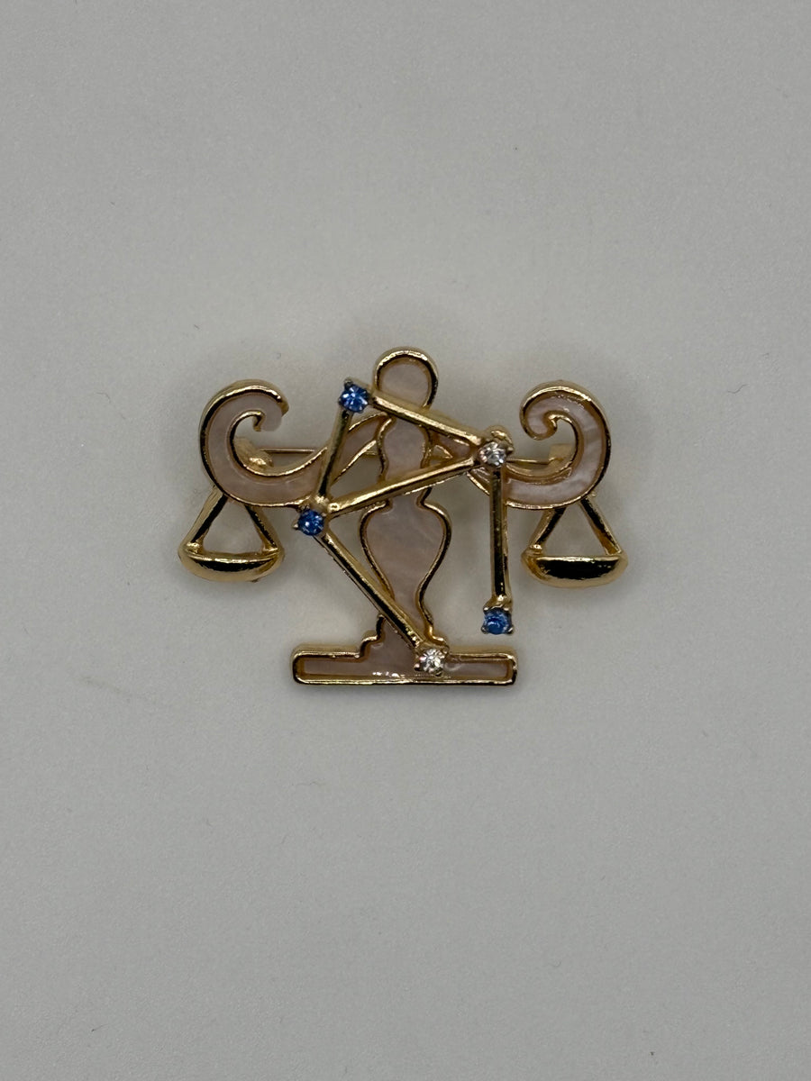 Libra Zodiac Brooch | Gold Scales Horoscope Pin with Mother of Pearl – gold metal, crystal fashion jewelry, main product image, Petit Détail