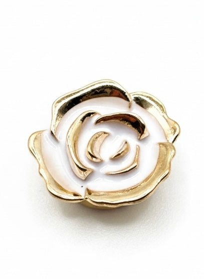 White Enamel Rose Button Cover | Gold & Cream Flower Cache-Bouton