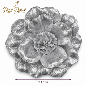Handmade Glitter Leather Camellia Flower – 20 cm | Champagne, Silver & Blue | Made in Lebanon