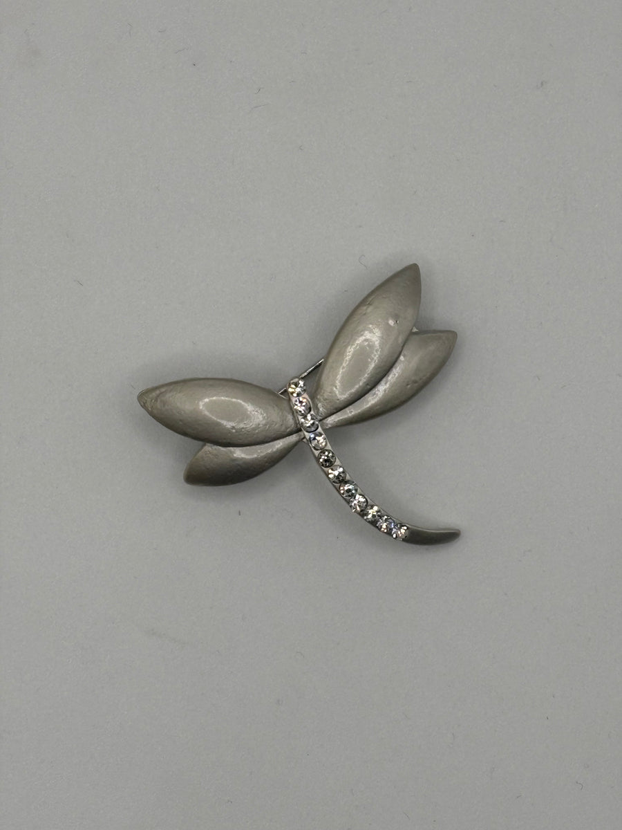 Matte Silver Dragonfly Brooch | Minimalist Crystal Tail Pin, main product image, Petit Détail