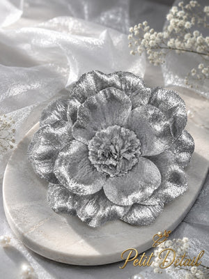 Handmade Glitter Leather Camellia Flower – 20 cm | Champagne, Silver & Blue | Made in Lebanon