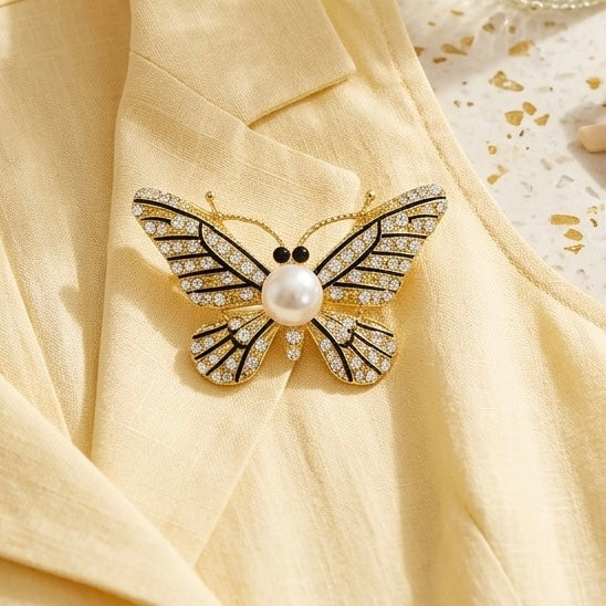Glamorous Black Enamel & Crystal Butterfly Brooch Petit Détail Lebanon