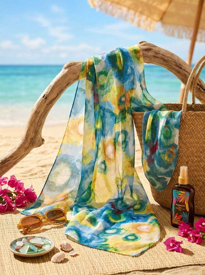 Blue Bloom Mousseline Beach Pareo – 145 × 175 cm Petit Détail Lebanon