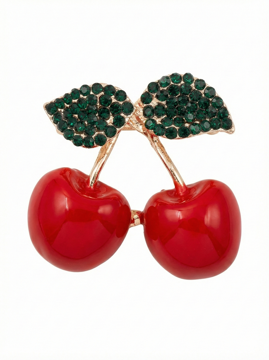 Glossy Red Cherry Brooch with Crystal Leaves – Gold Tone