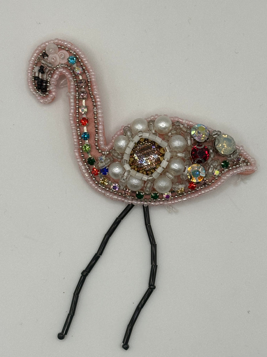Handmade Beaded Flamingo Brooch – animal crystal, metal fashion jewelry, main product image, Petit Détail
