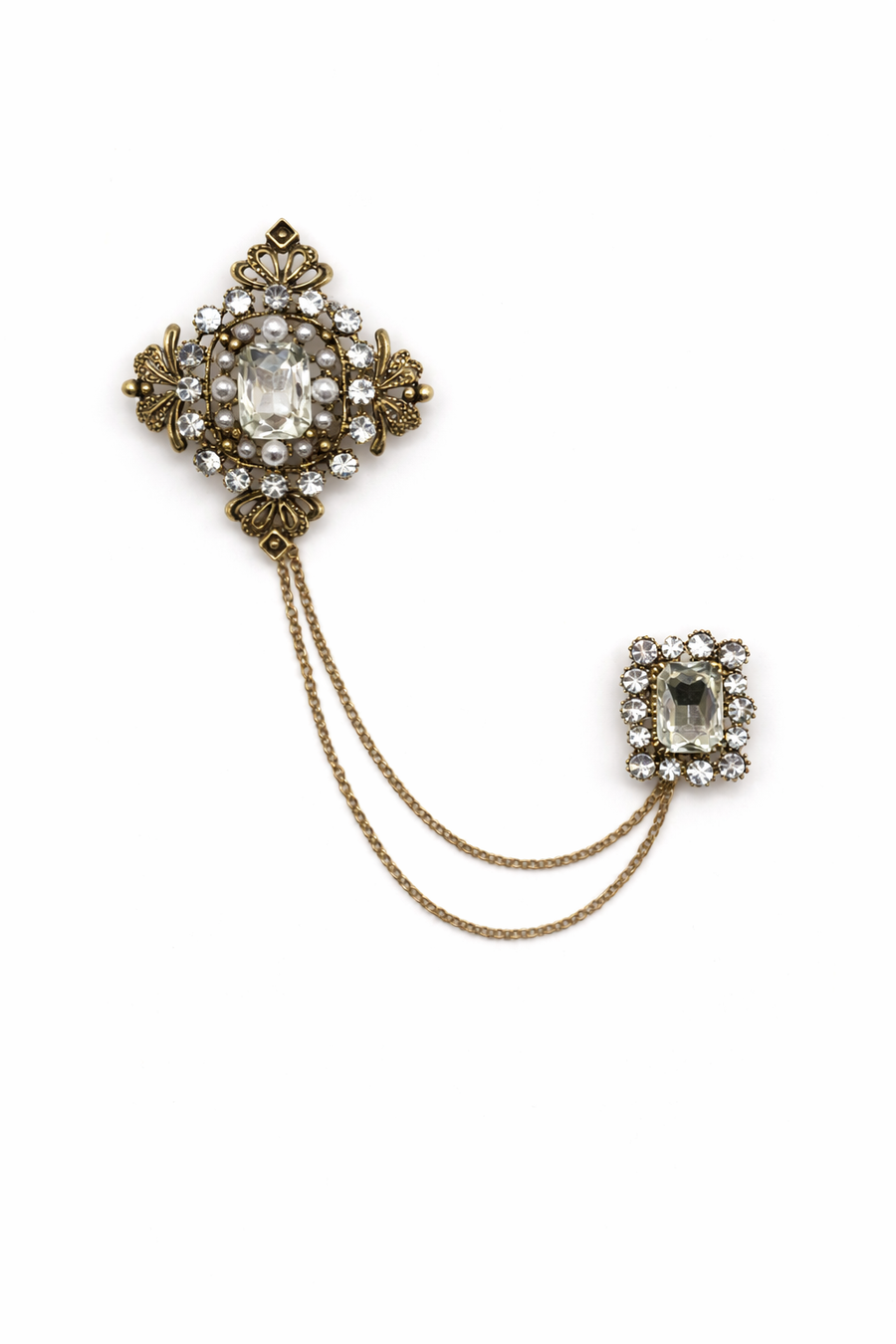 Vintage Style Clear Crystal Chatelaine Collar Brooch