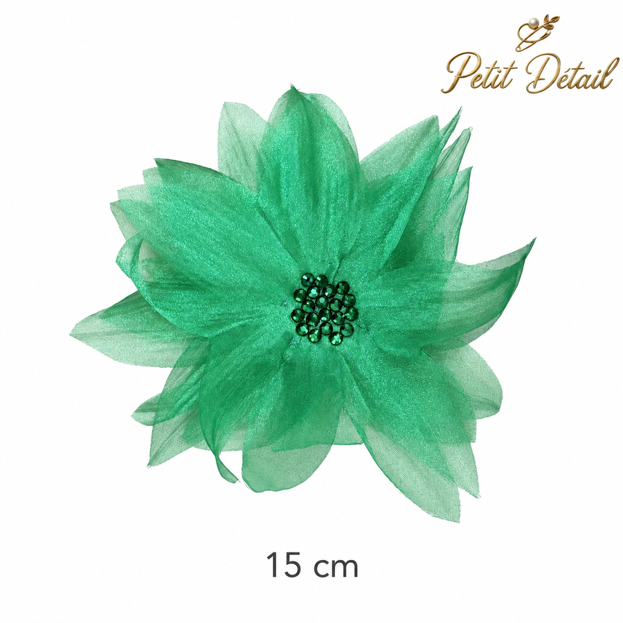 Handmade Emerald Green Crystal Organza Textile Flower Brooch – Premium Emerald Strass Center – 15 cm Petit Détail Lebanon