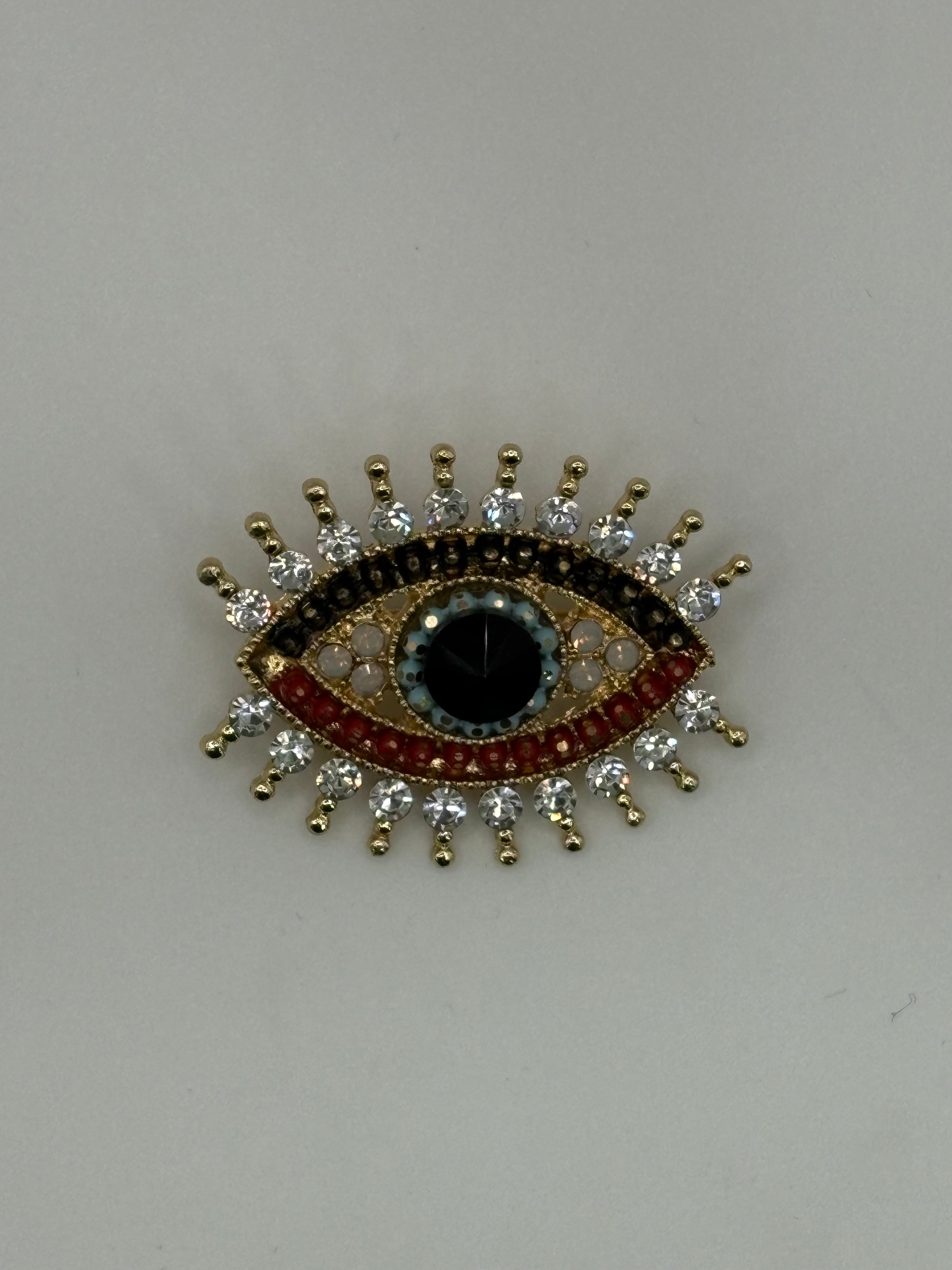 Vintage-Style Sunburst Evil Eye Brooch | Gold-Tone Crystal Protection Pin