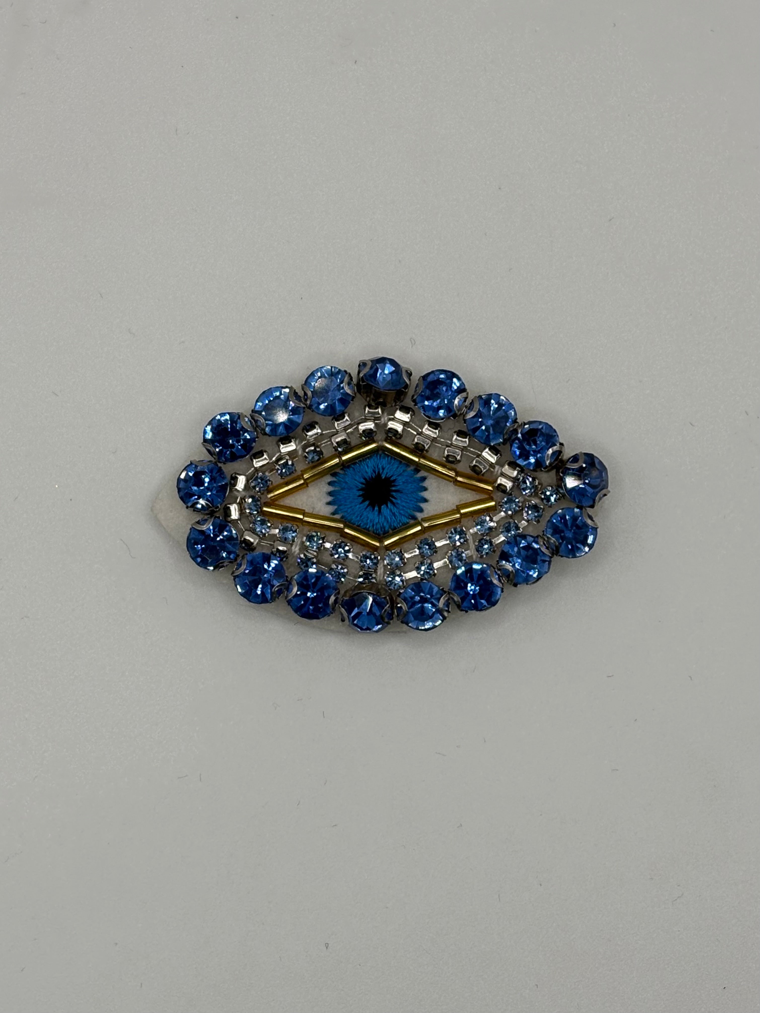 Hand-Sewn Beaded Evil Eye Brooch | Artisan Crystal Pin (Blue & Pink)