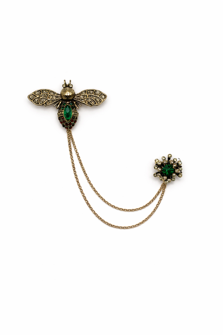 Vintage Style Green Crystal Bee Chatelaine Collar Brooch