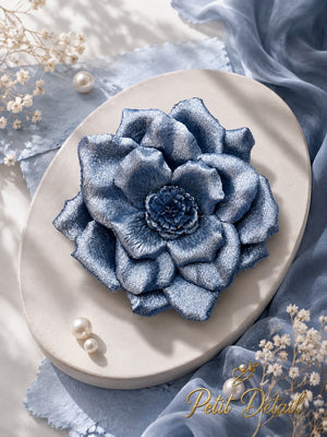 Handmade Glitter Leather Camellia Flower – 20 cm | Champagne, Silver & Blue | Made in Lebanon