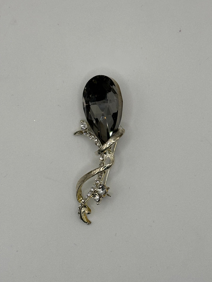 Elegant Smoky Crystal Teardrop Brooch | Silver-Tone Ribbon Pin, main product image, Petit Détail